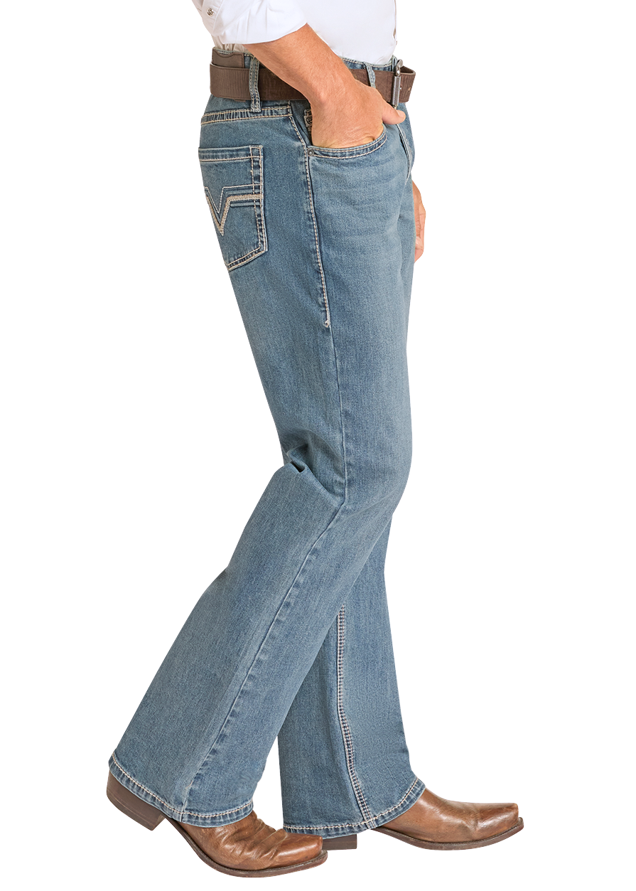 Blue jeans worn by a person on a white background