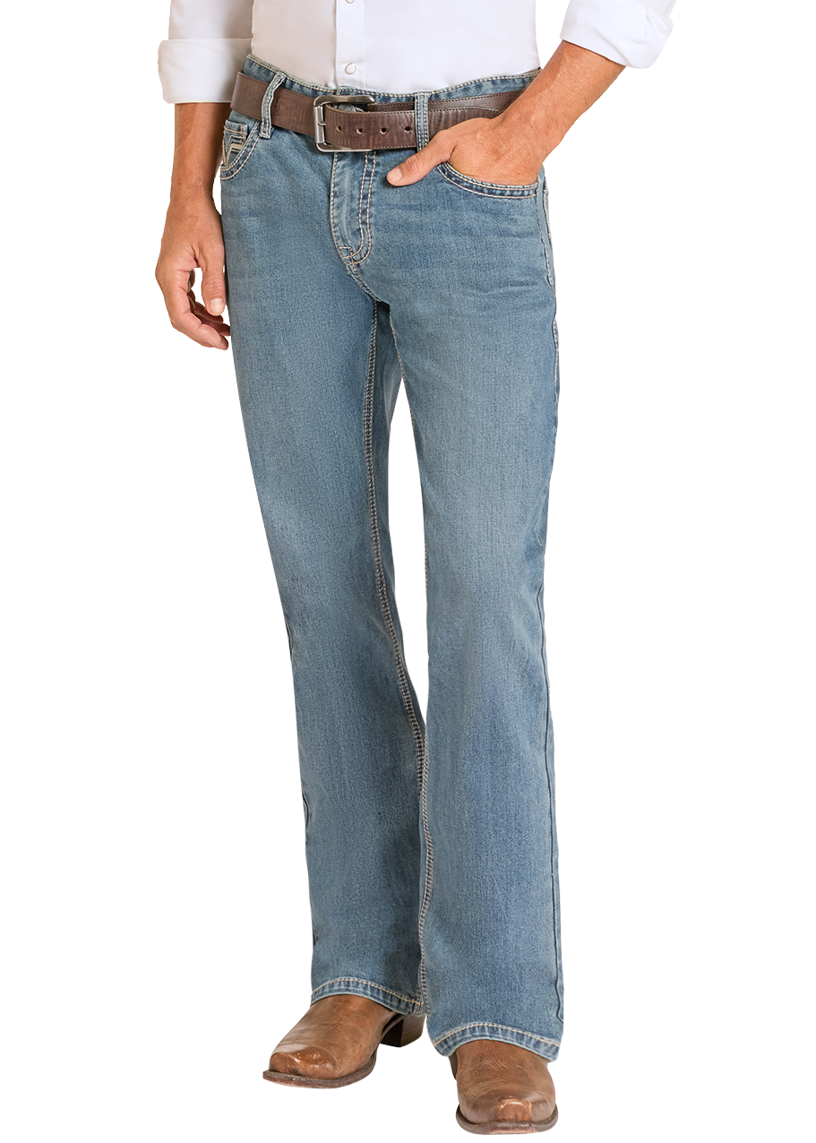 Man wearing a white shirt, light blue jeans, and cowboy boots on a white background