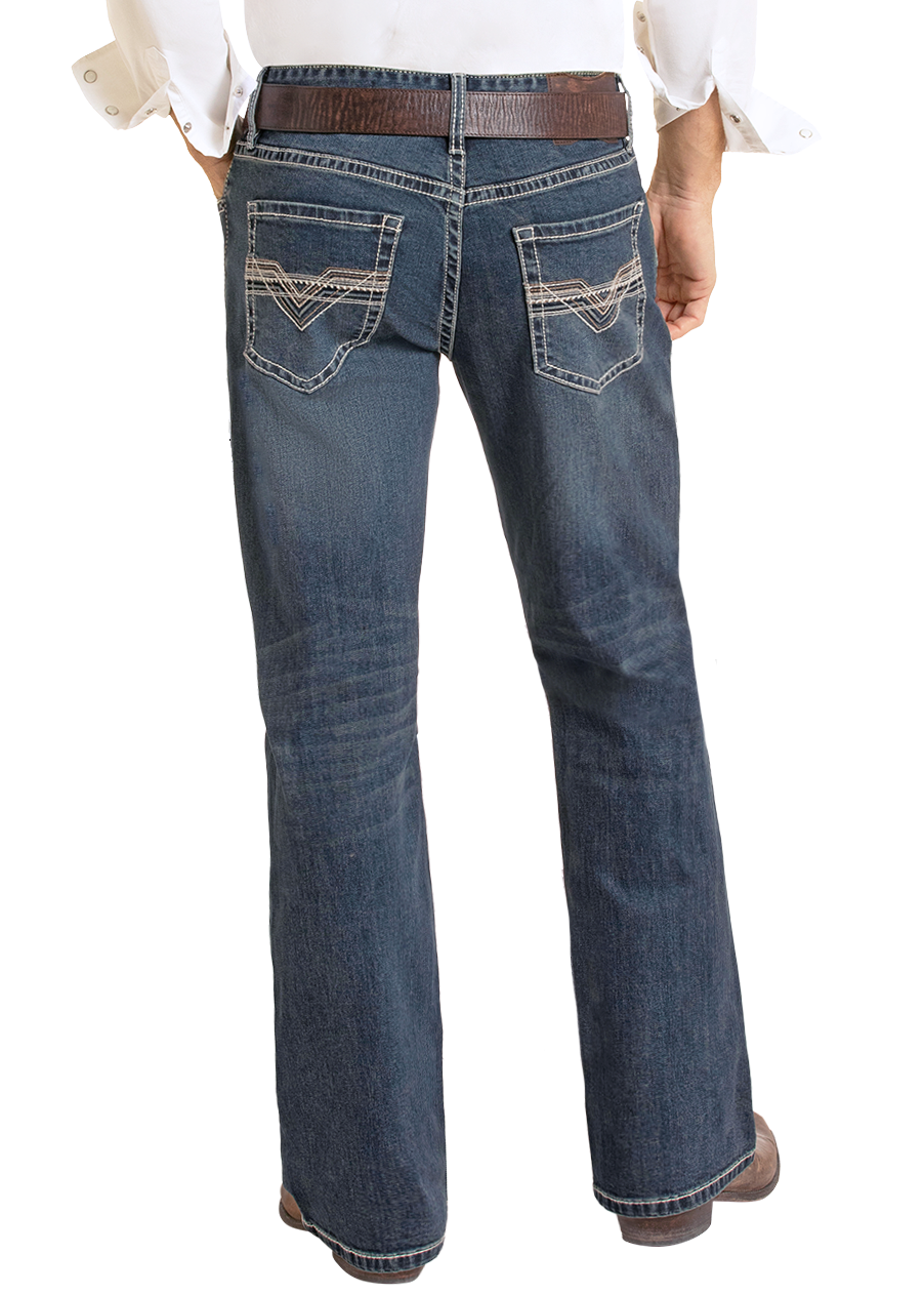 Back view of men's embroidered relaxed fit jeans.