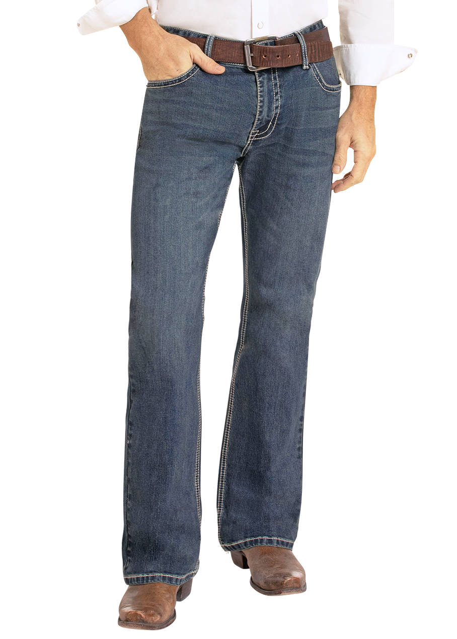 Men's dark wash relaxed fit jeans.
