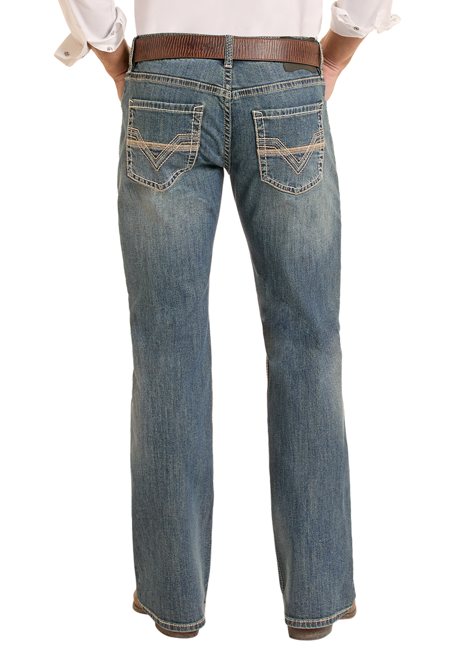 Back view of men's medium wash jeans with embroidered pockets