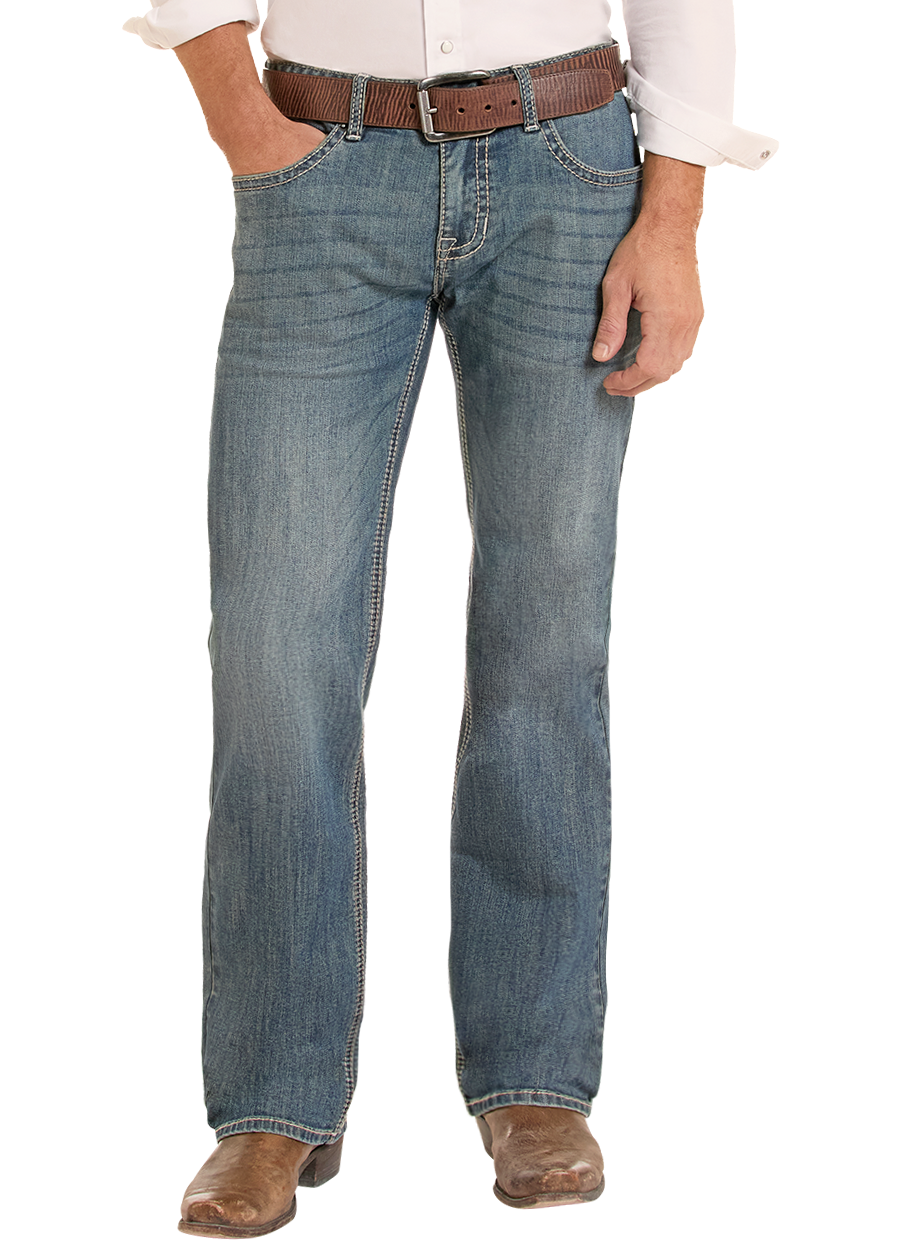 Men's medium wash bootcut jeans.