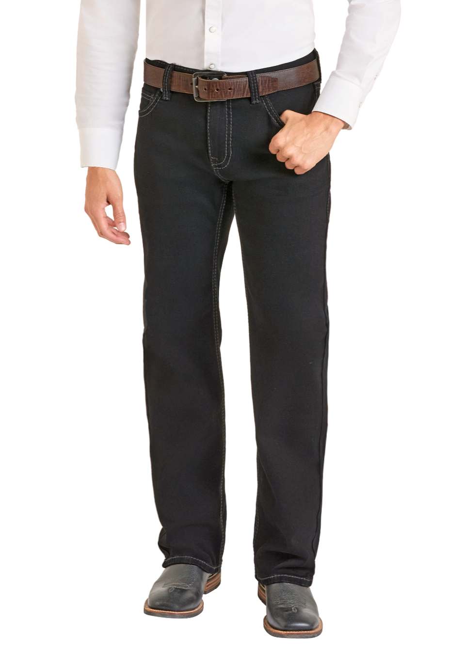 Man wearing a white shirt, black jeans, and a black cowboy hat on a white background