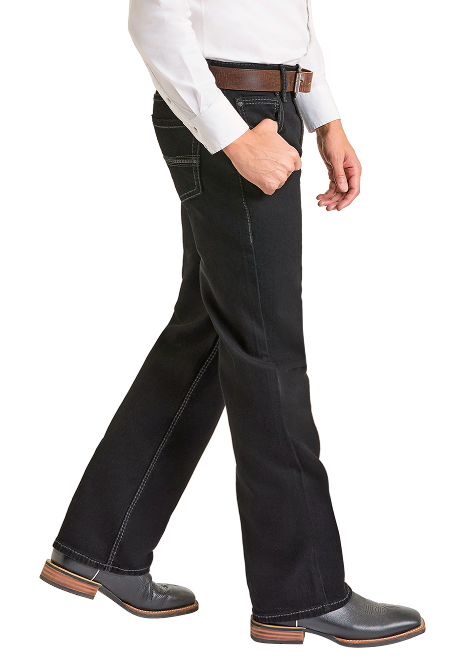 Man wearing a white shirt, black pants, and a cowboy hat on a white background