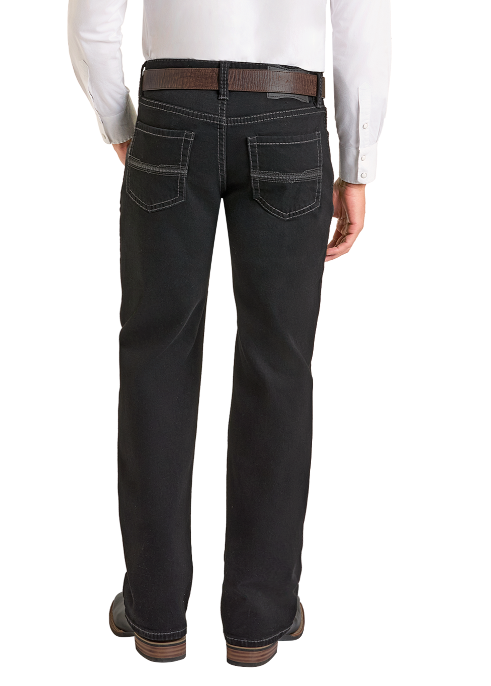 Man wearing a white shirt, black belt, and dark jeans with a cowboy hat on a white background