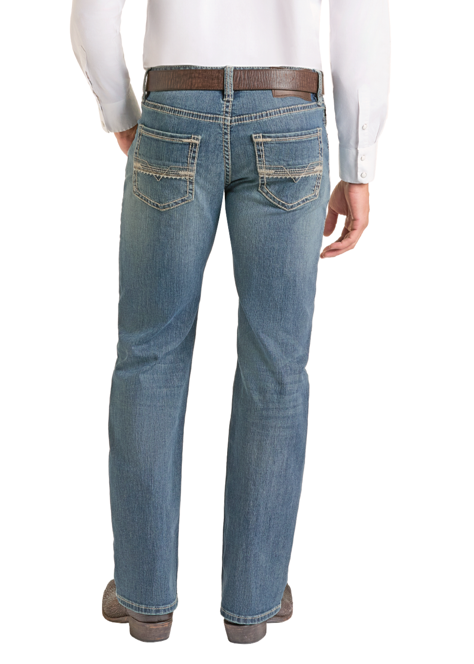 Man wearing a white shirt, blue jeans, and a black cowboy hat on a white background