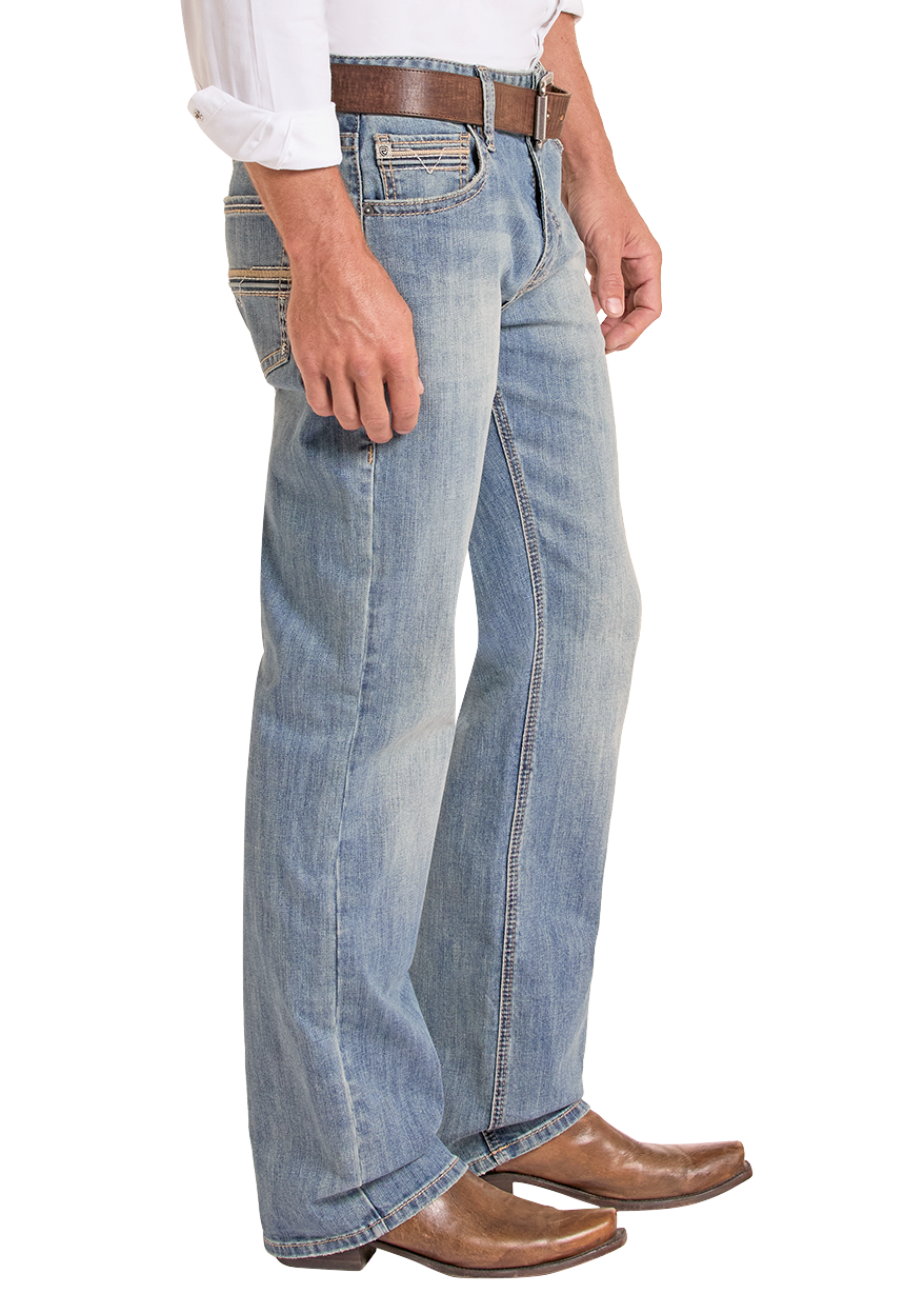 Man wearing a white shirt, blue jeans, and  cowboy boots on a white background