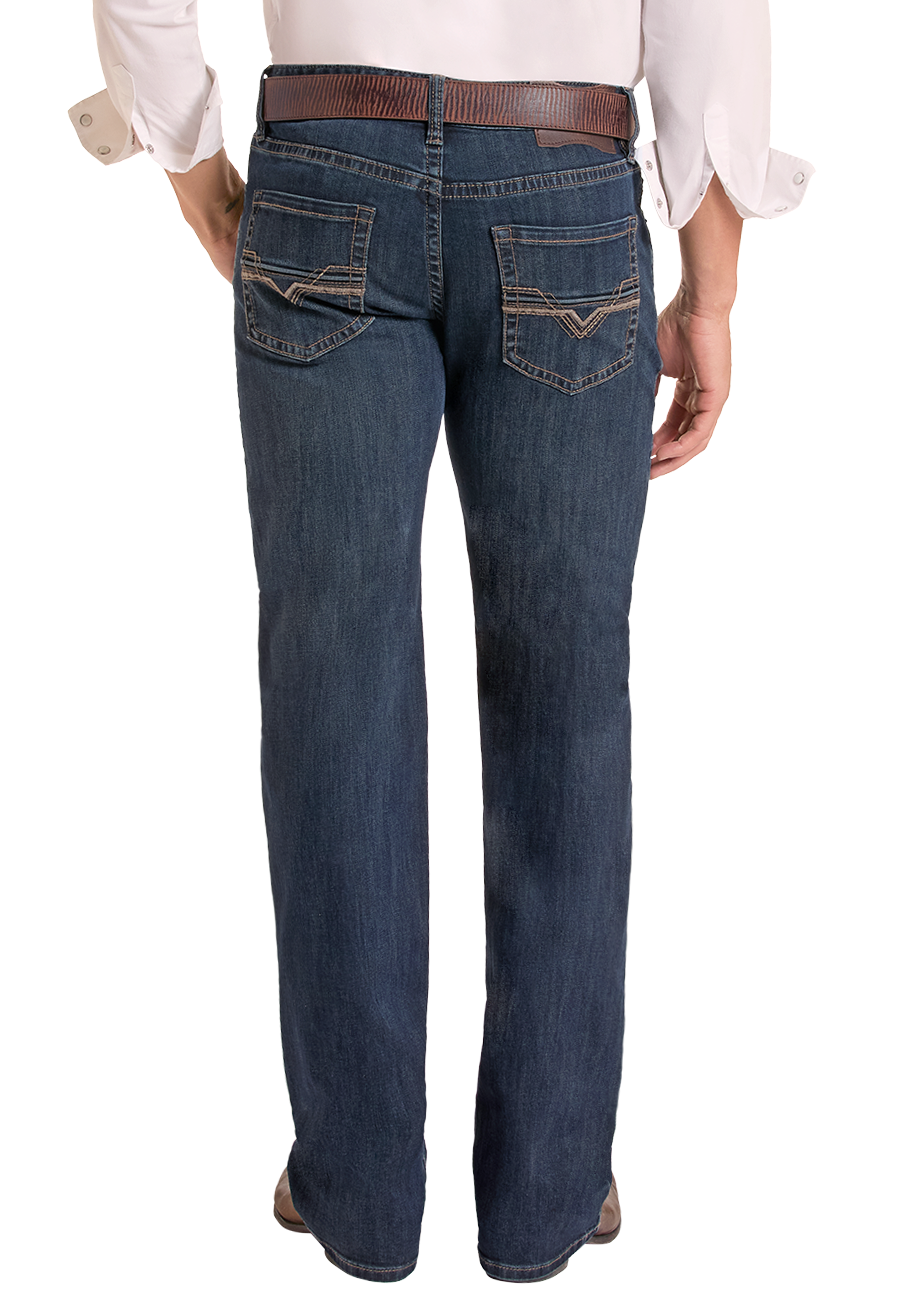 A man shown from the back wearing a light pink long-sleeve button-down shirt, dark blue jeans, a brown belt, and a gray cowboy hat, isolated on a white background.
