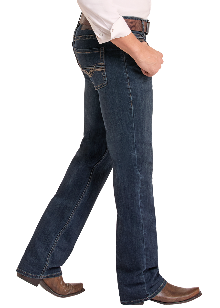 A man wearing a light gray cowboy hat, a white long-sleeve button-down shirt, dark blue jeans, and brown cowboy boots, shown in profile against a plain white background.
