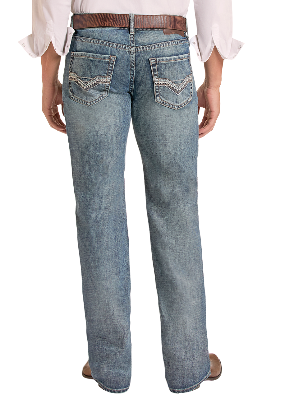 Rear view of a man wearing a light pink long-sleeve button-down shirt, blue jeans, a brown belt, and a brown cowboy hat against a white background.