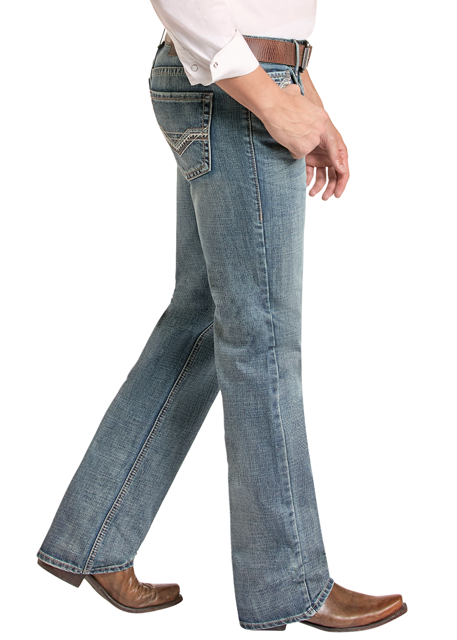 A man wearing a light pink long-sleeve western shirt, blue jeans, brown boots, and a gray cowboy hat, shown in profile against a white background.