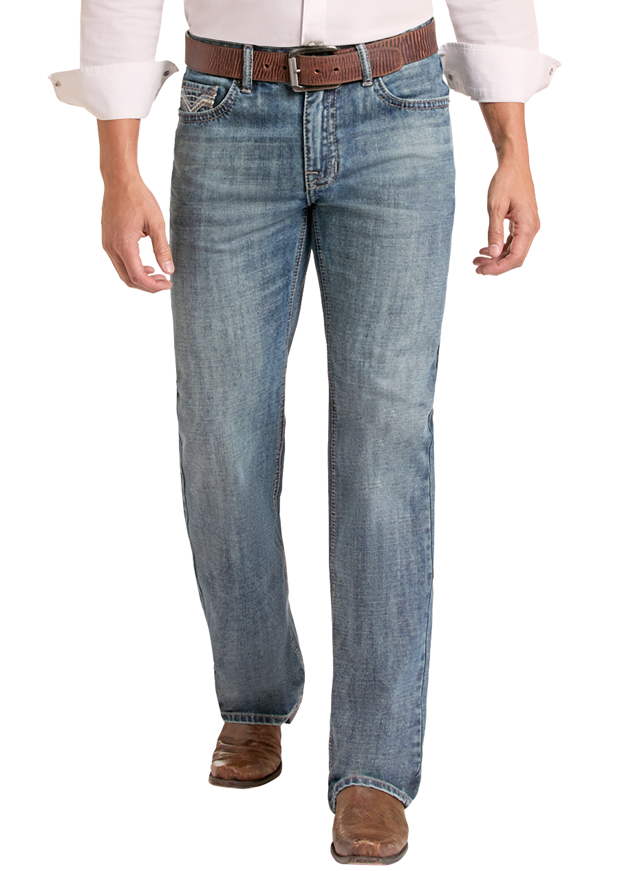 A man modeling a light pink western long-sleeve button-down shirt, blue jeans, a brown belt, and a brown cowboy hat against a plain white background.