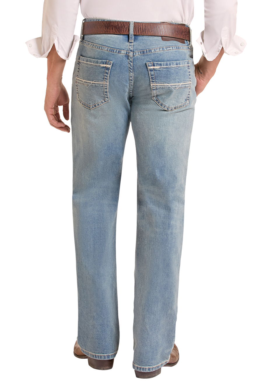 Rear view of a man wearing a light pink western shirt, light blue jeans, a brown belt, and a brown cowboy hat against a white background.