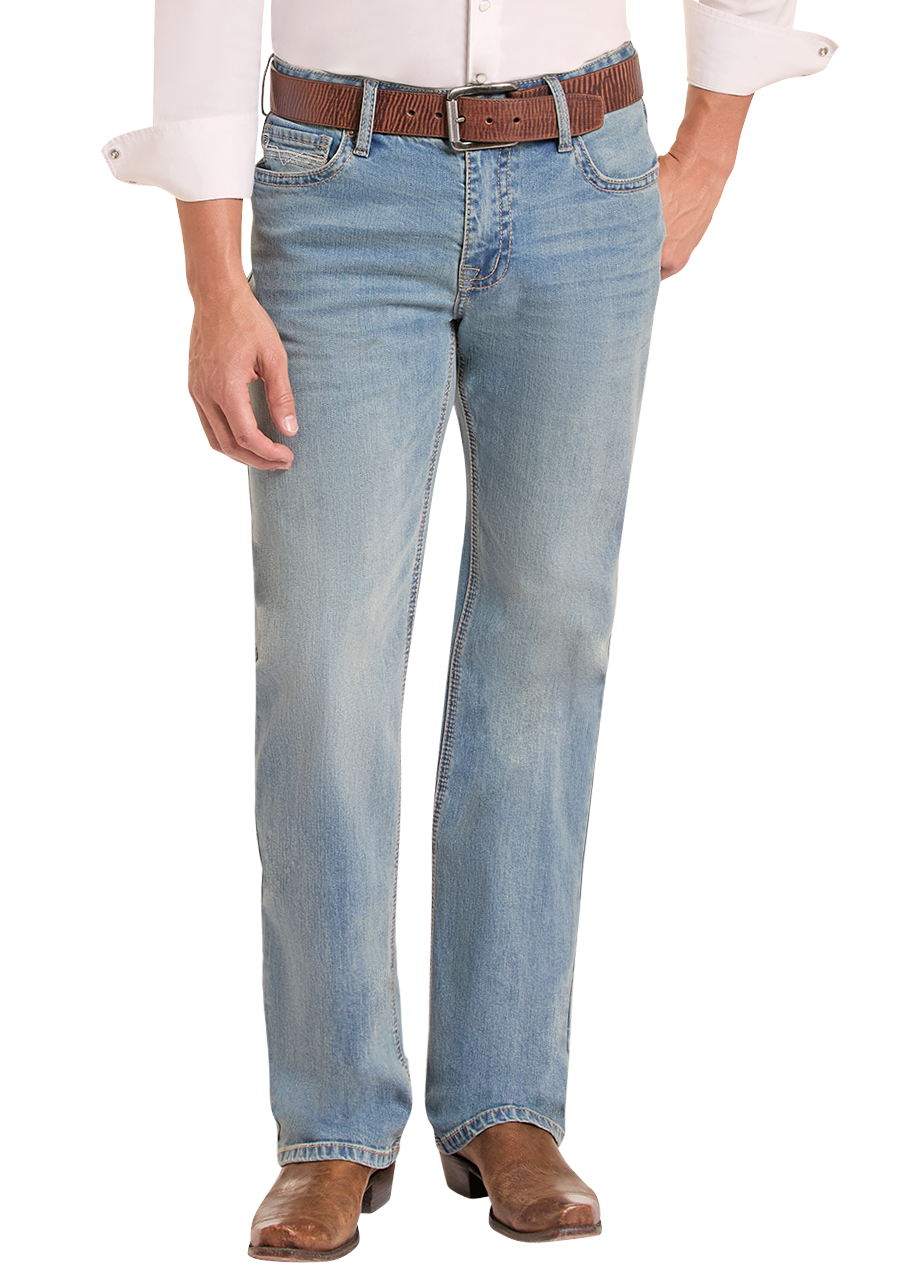 A man modeling a white western long-sleeve button-down shirt, light blue jeans, a brown belt, brown cowboy boots, and a brown cowboy hat against a plain white background.