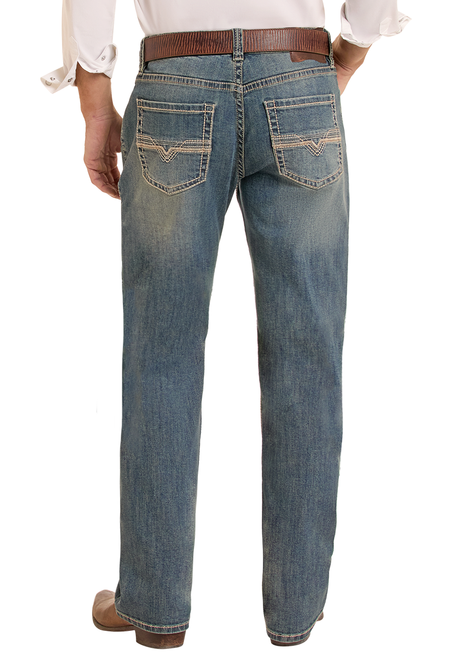 Back view of man in relaxed fir jeans.