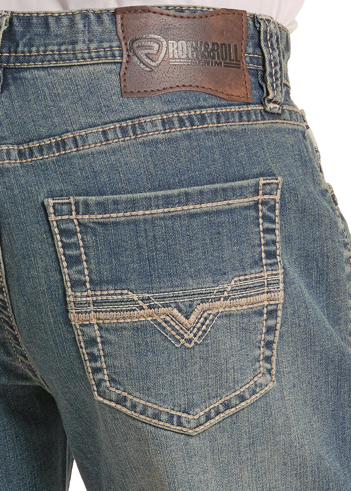Close up of a western stitched denim pocket.