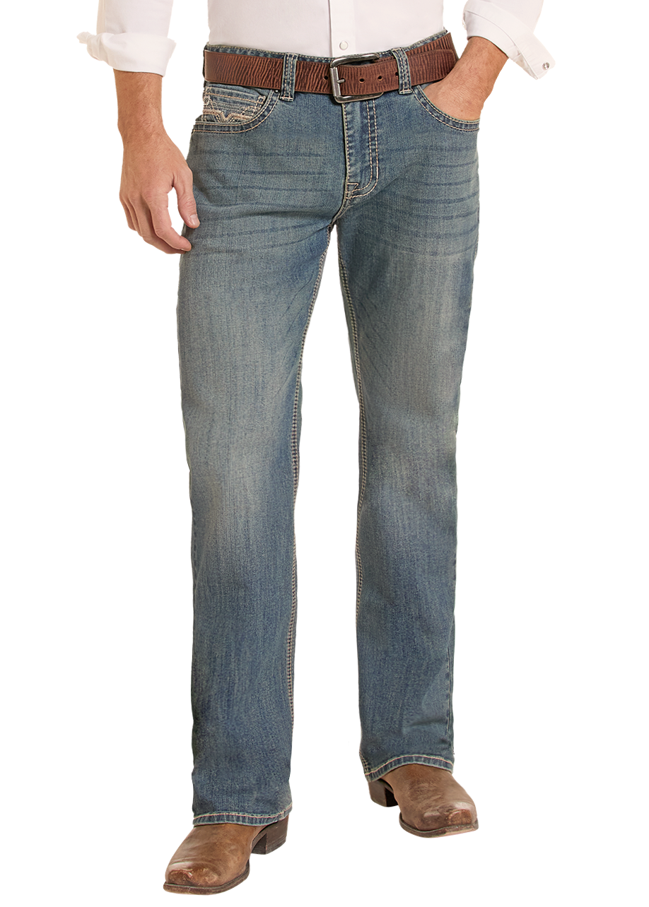 Man wearing relaxed fit jeans.