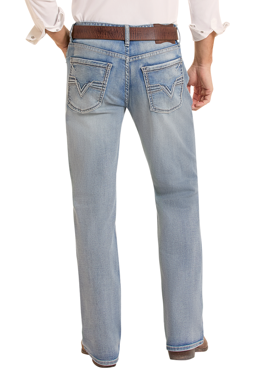 Man wearing an acid wash relaxed jean.