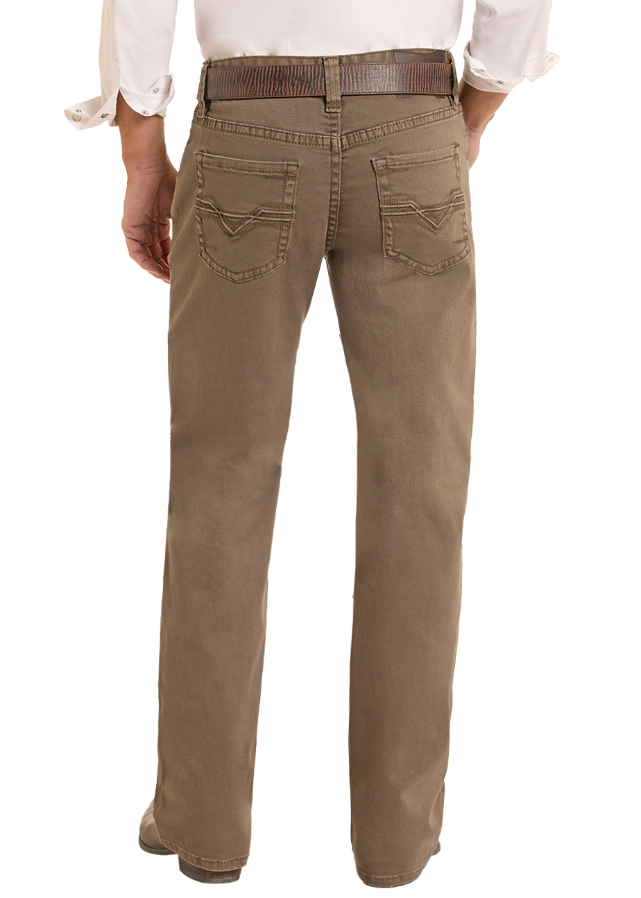 back view of a man wearing brown jeans. 