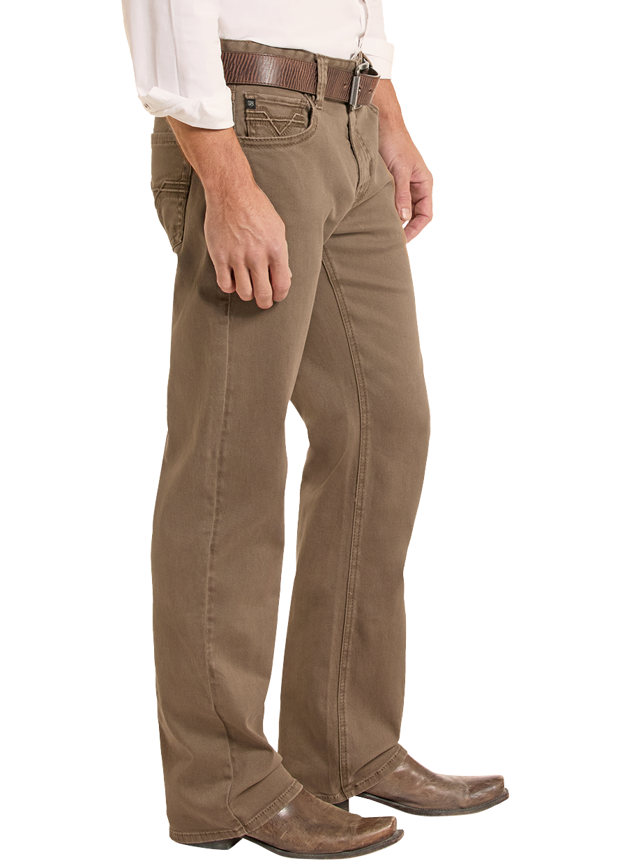 Side view of man in brown jeans. 