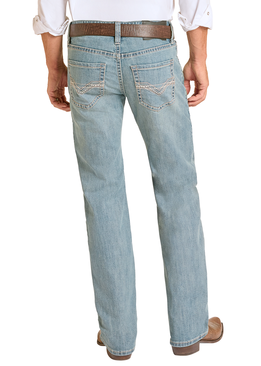 Man wearing a white shirt, light blue jeans, and a beige cowboy hat on a white background