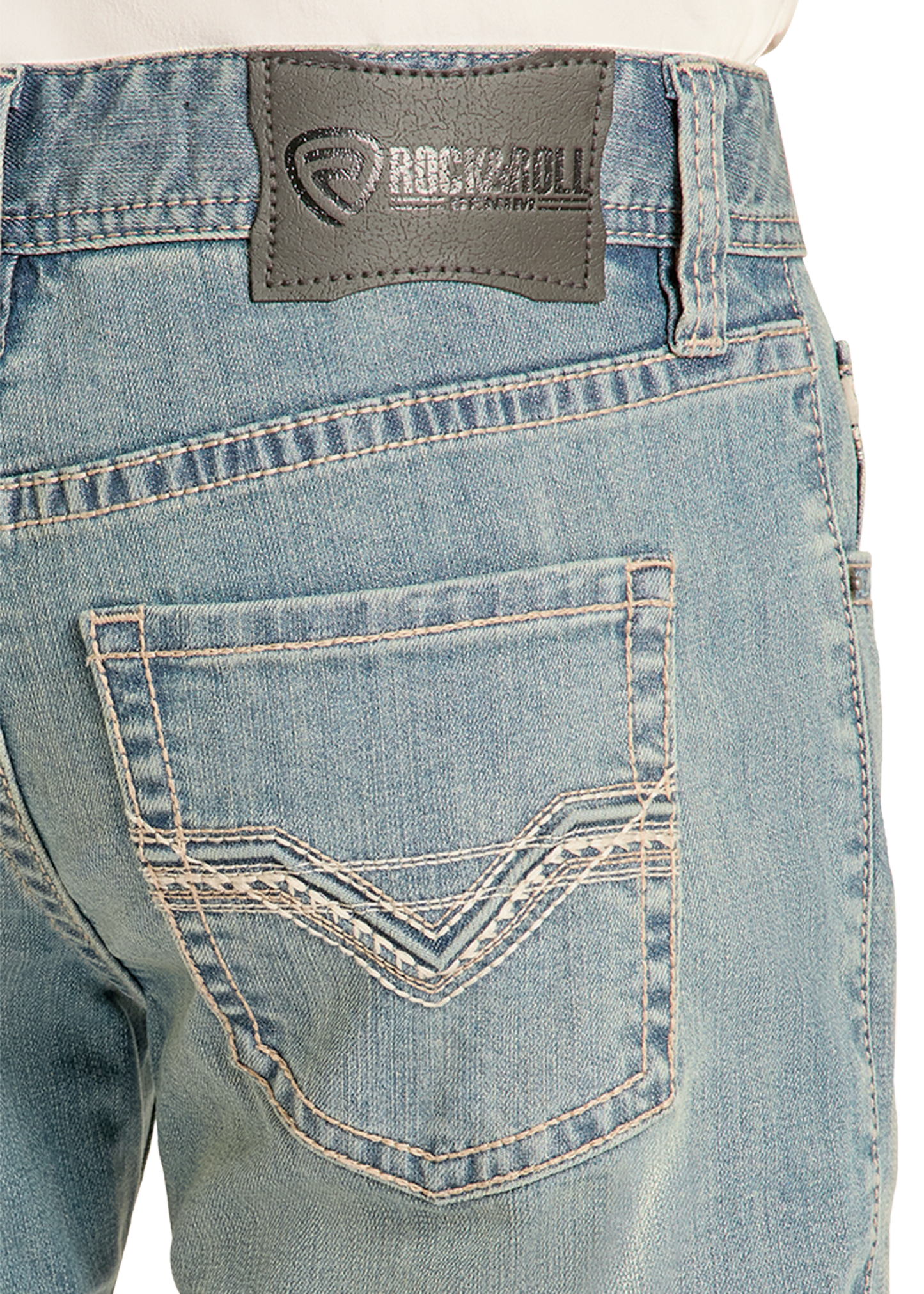 Close-up of blue jeans with a visible brand label on the back pocket.