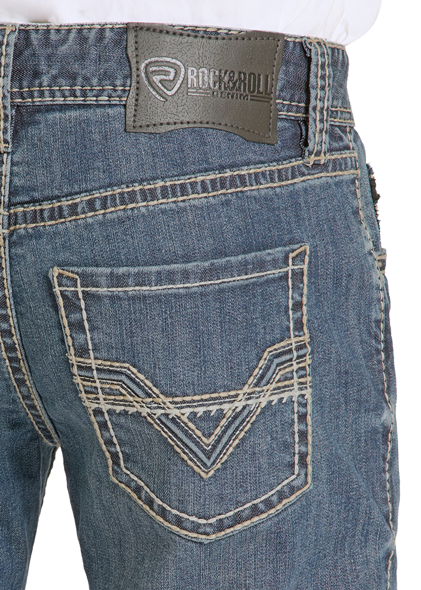 Close up of a Rock and Roll Denim classic V pocket. 