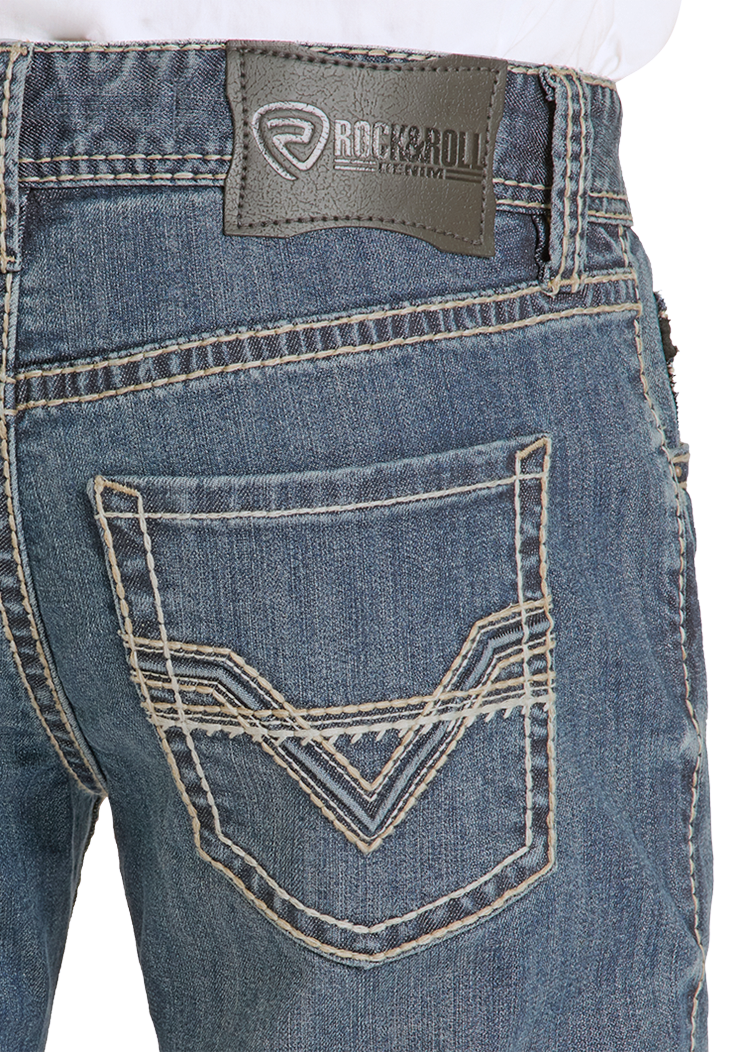 Close up of a Rock and Roll Denim classic V pocket. 