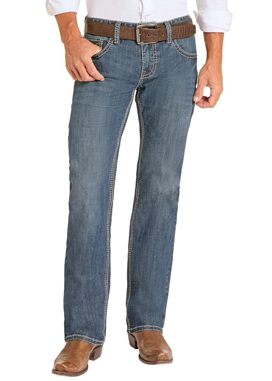 Man wearing Rock & Roll Denim jeans with a white shirt and boots. 