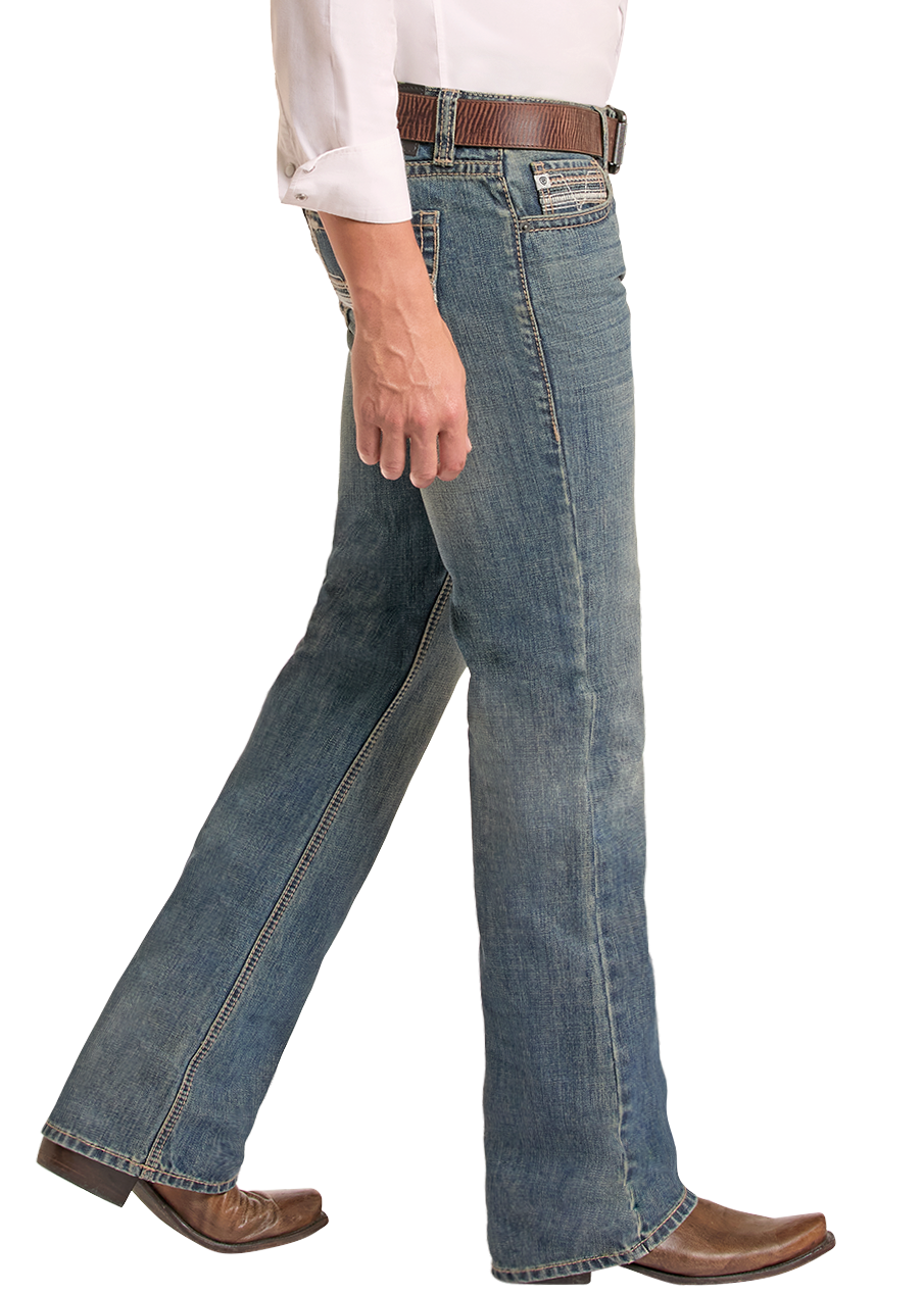 A man wearing a white long-sleeve western shirt, blue jeans, a brown belt, brown boots, and a black cowboy hat, shown in profile against a plain white background.