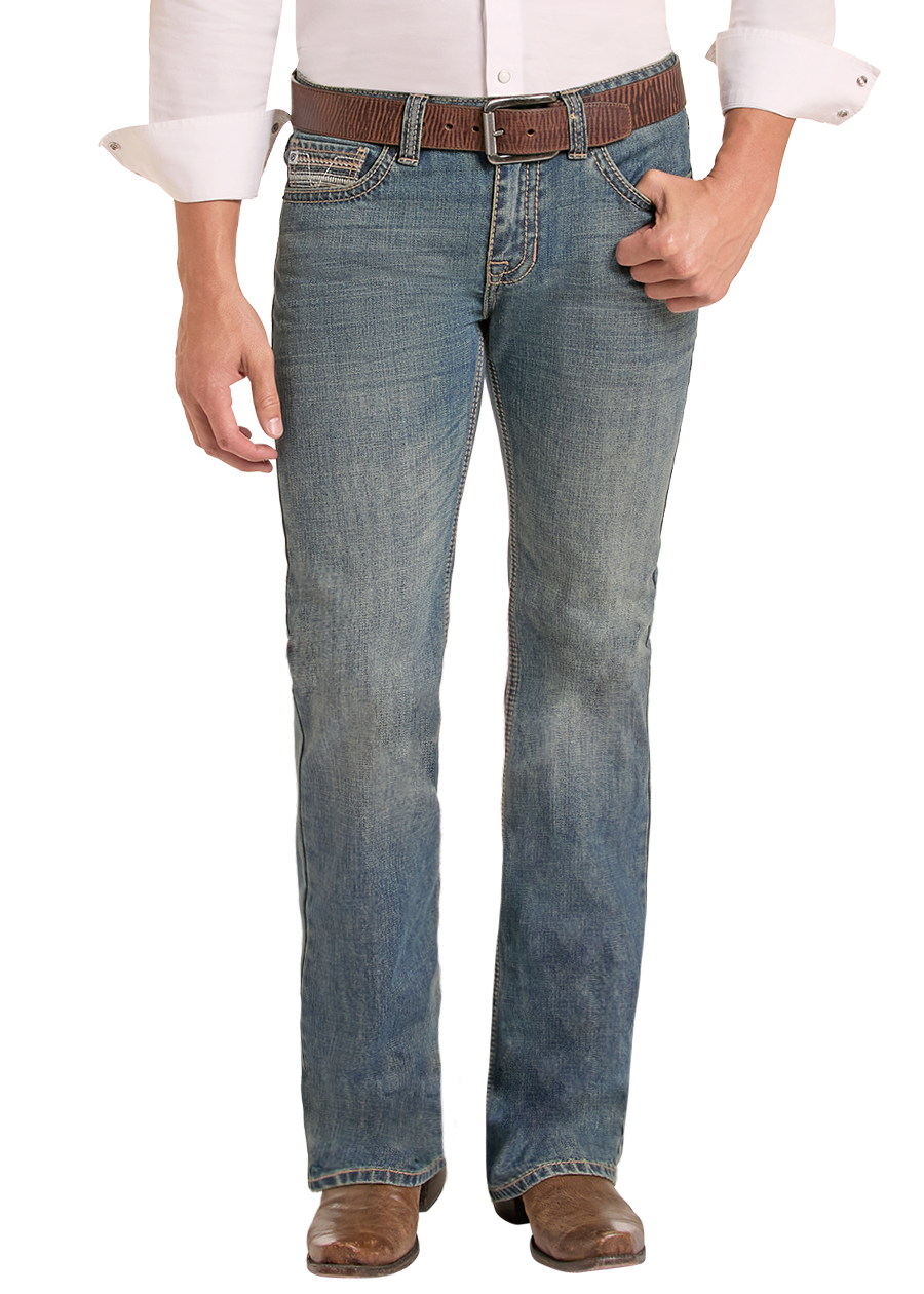 A man modeling a light pink western long-sleeve button-down shirt, blue jeans, a brown belt, and a black cowboy hat against a plain white background.