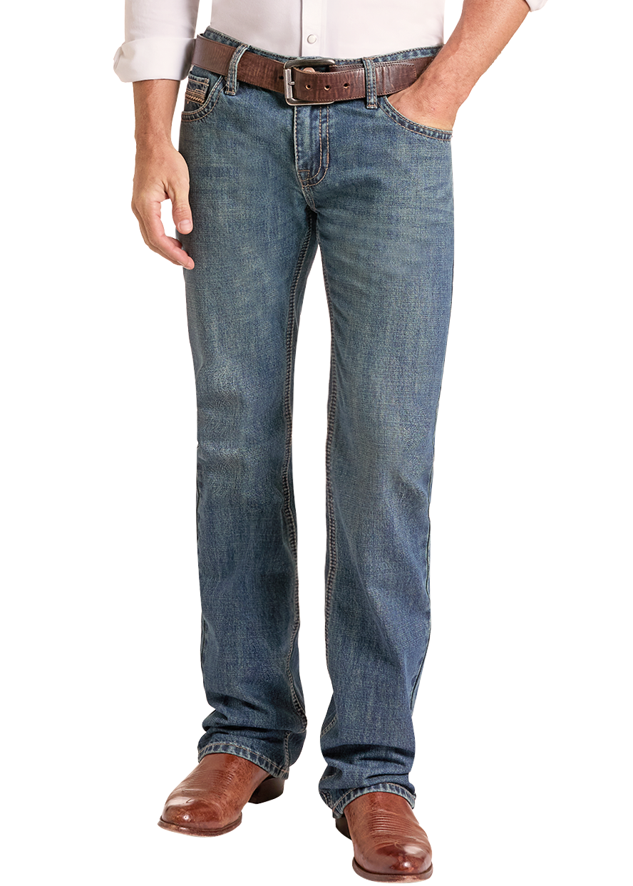 A man modeling a light pink western long-sleeve button-down shirt, blue jeans, a tan cowboy hat, and brown leather shoes against a plain white background.