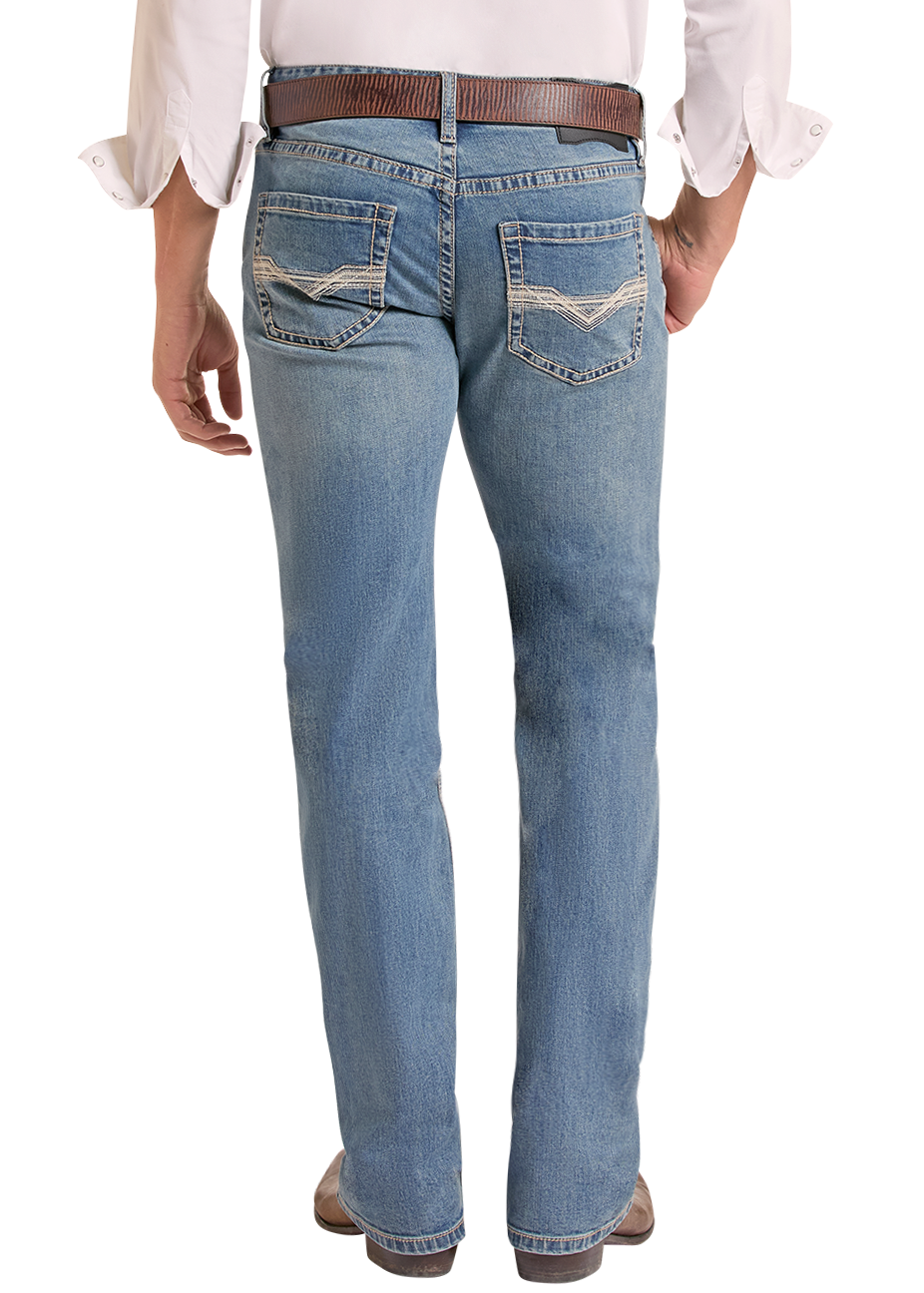 Rear view of a man wearing a light pink long-sleeve button-down shirt, blue jeans with distressed details, a brown belt, and a black cowboy hat on a white background.
