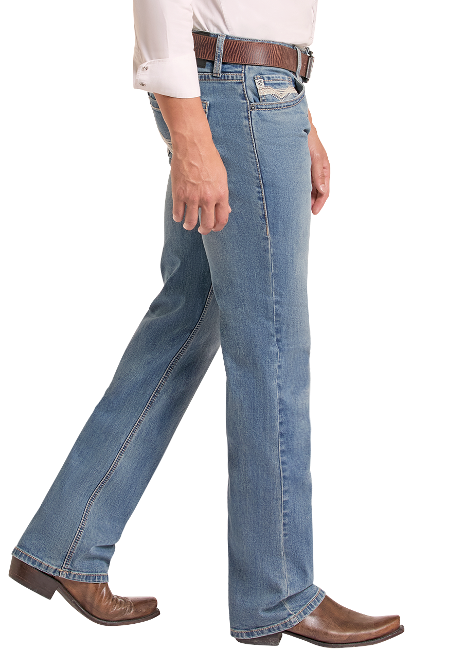 A man wearing a black cowboy hat, a light pink long-sleeve button-up shirt, blue jeans, and brown cowboy boots, shown in profile against a plain white background.