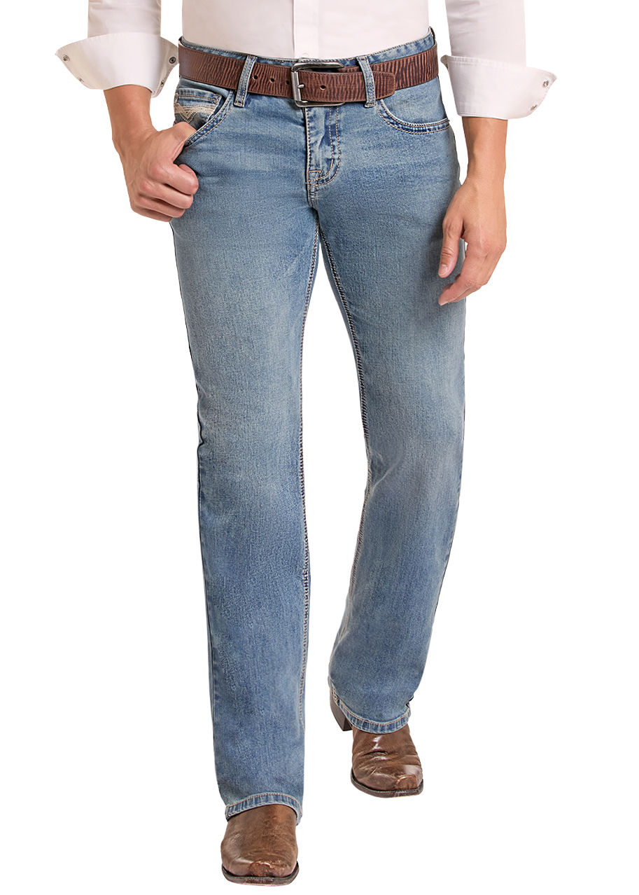 A man modeling a white western long-sleeve snap-down shirt, blue jeans, a brown belt, brown boots, and a black cowboy hat against a plain white background.