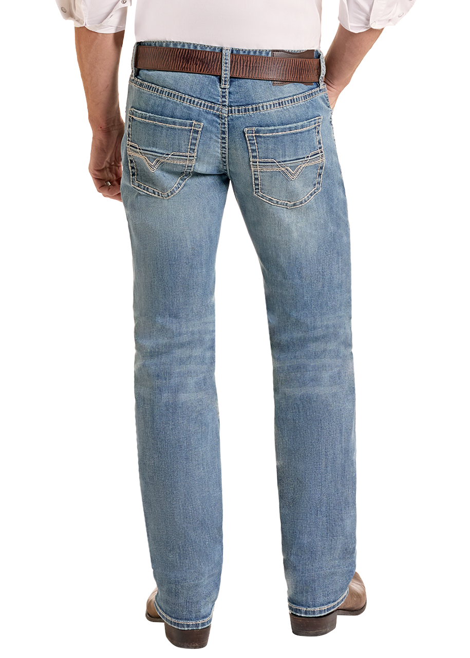 Back of a man wearing light wash jeans. 