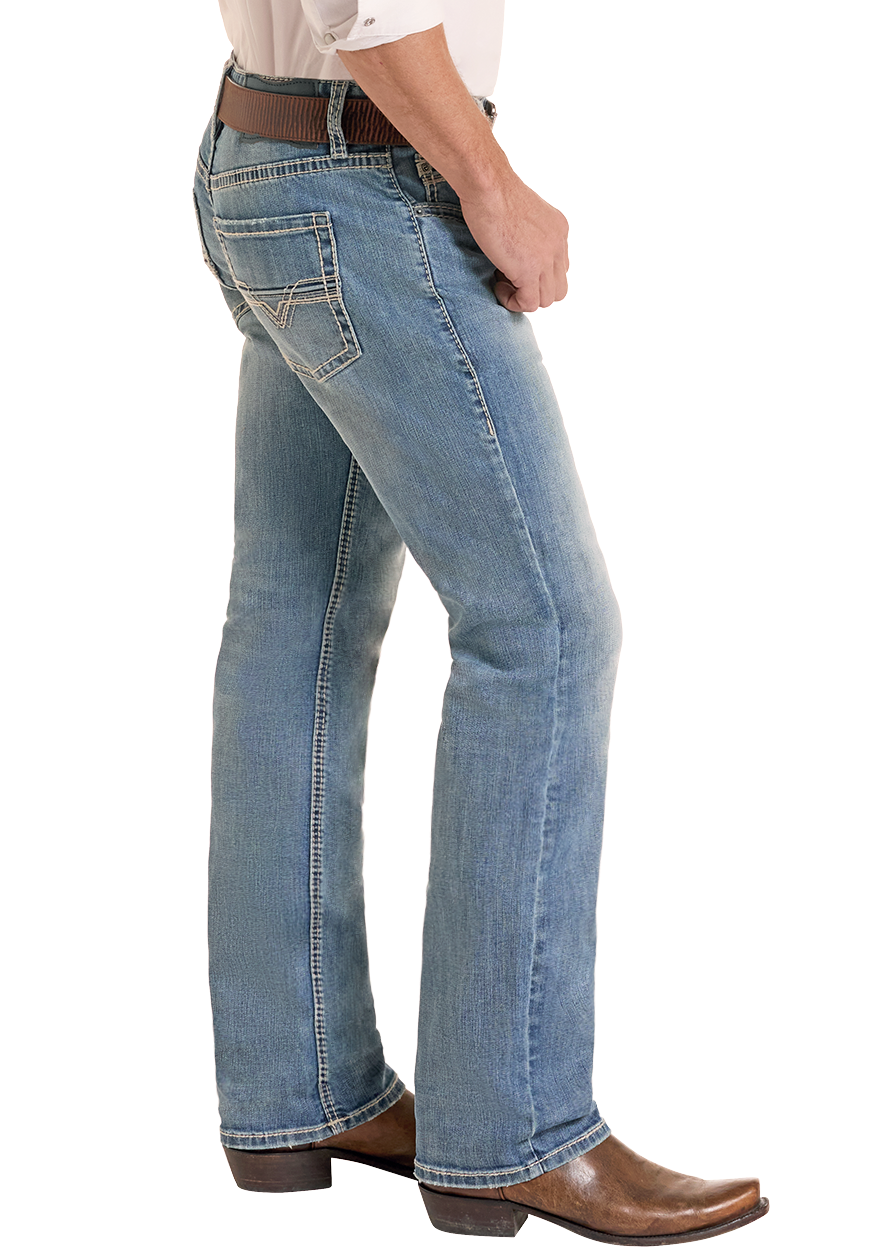 Side view of a man in light wash straight leg jeans 