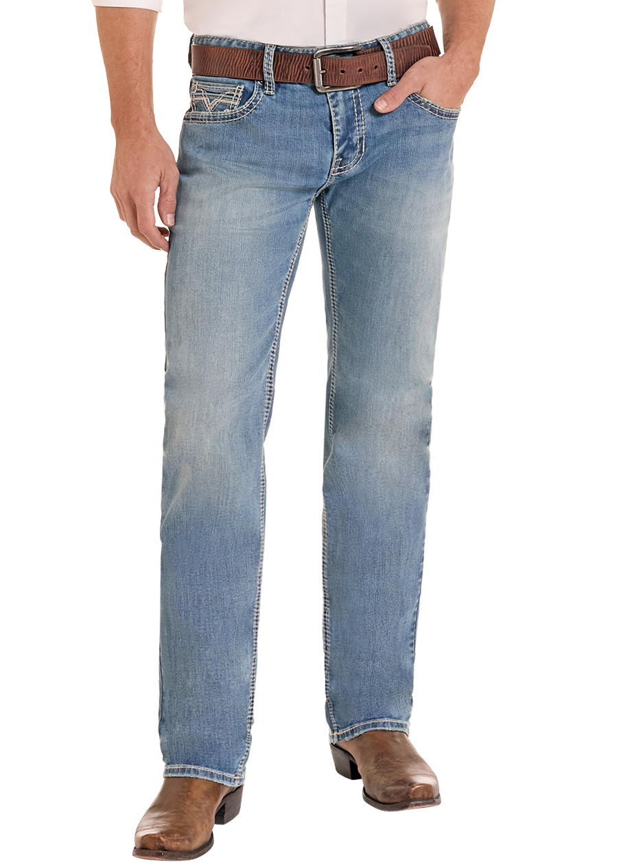 Man in light wash straight leg jeans
