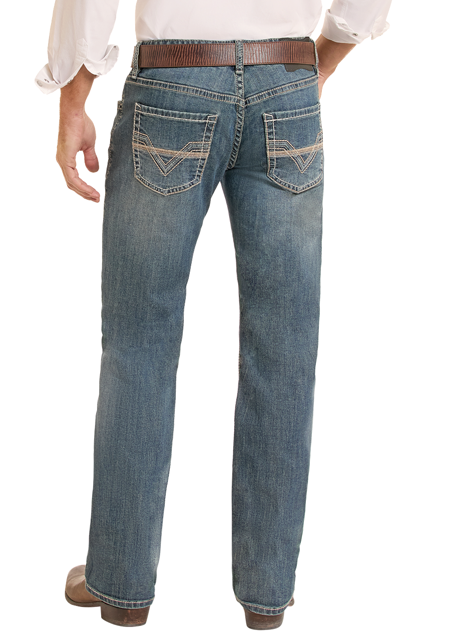 Back of man wearing embroidered pocket jeans.