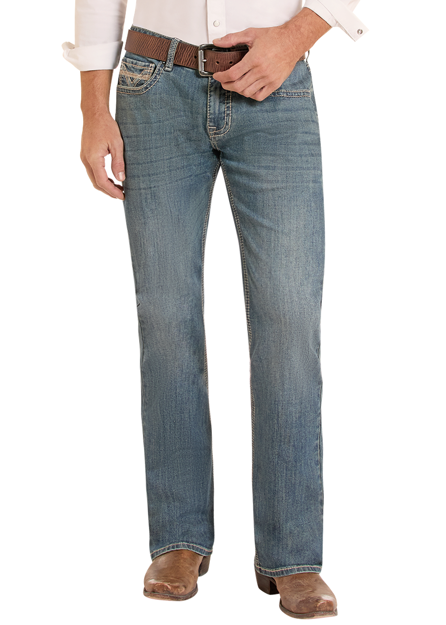Man wearing straight leg medium wash jeans. 