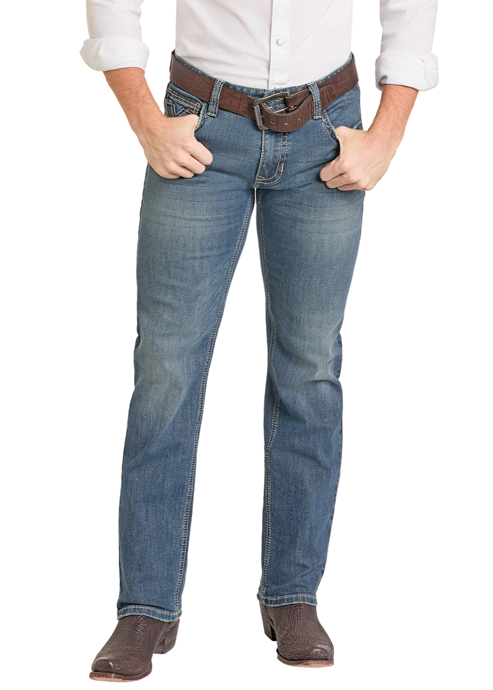 Man wearing a white shirt, blue jeans, and a beige cowboy hat on a white background