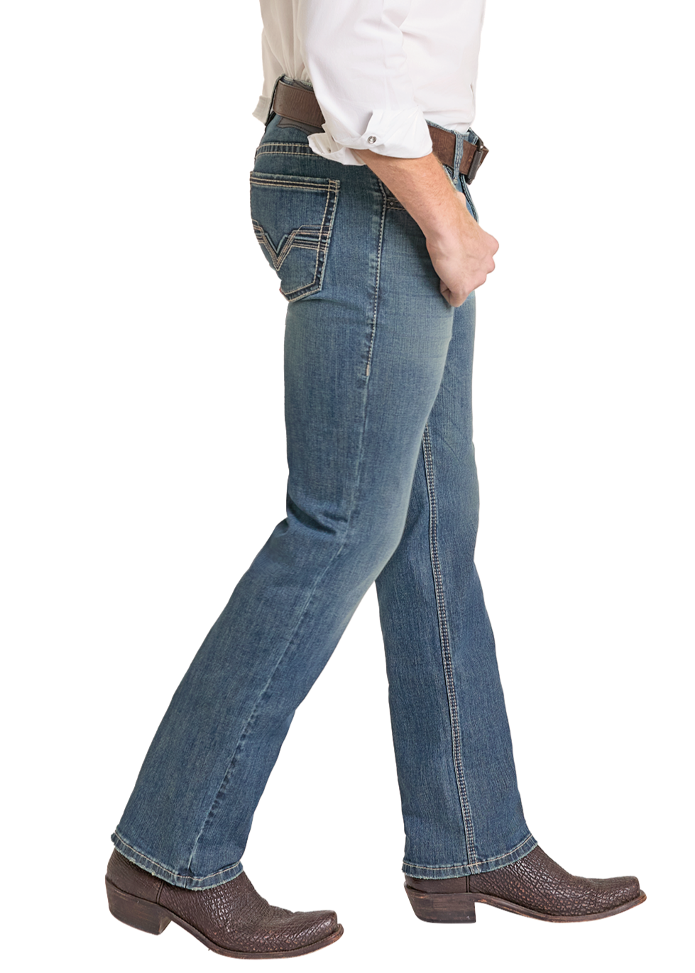 Man wearing a cowboy hat, white shirt, and blue jeans on a white background