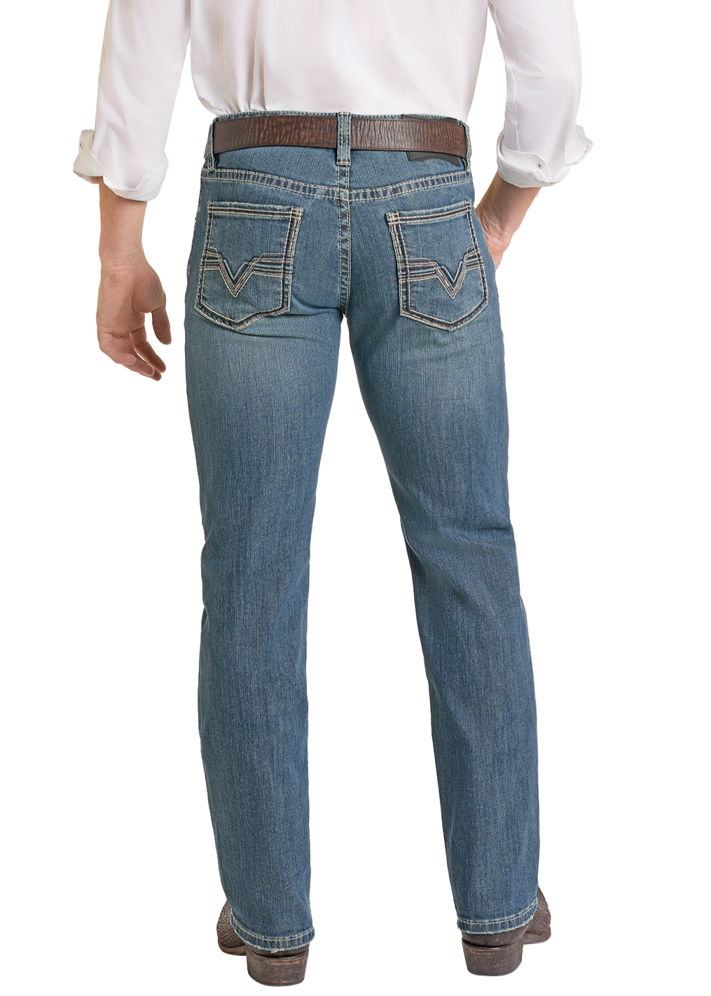Man wearing a white shirt, blue jeans, and a beige cowboy hat on a white background