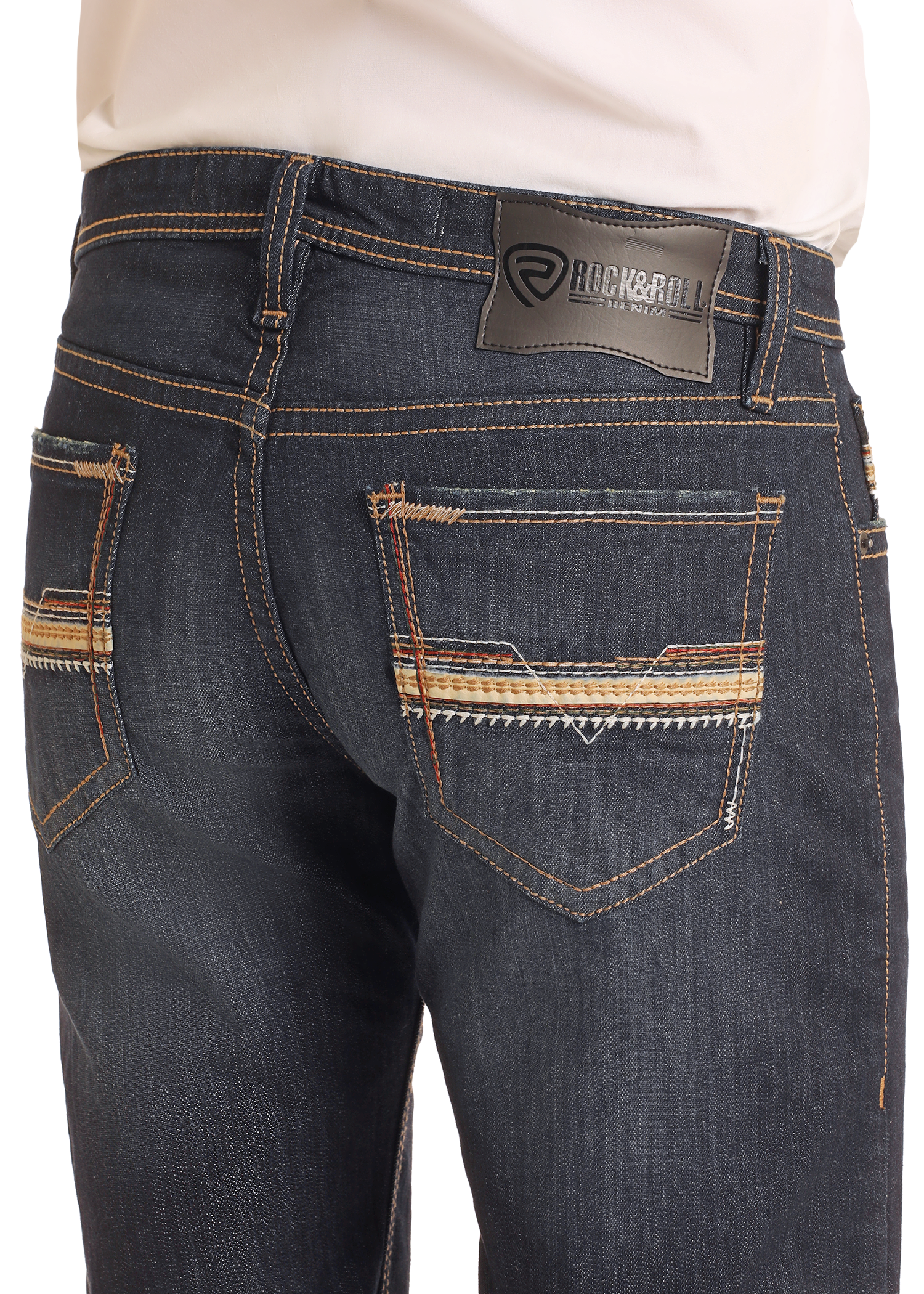 Men's Slim Fit Tri-Color Stitch Straight Leg Jeans Rock Roll Denim
