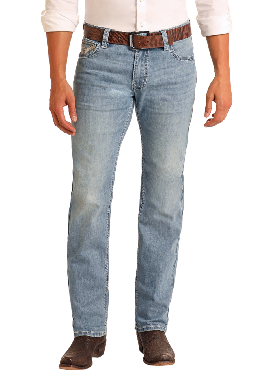 Men's Slim Fit Ladder Pocket Straight Leg Jeans Rock Roll Denim