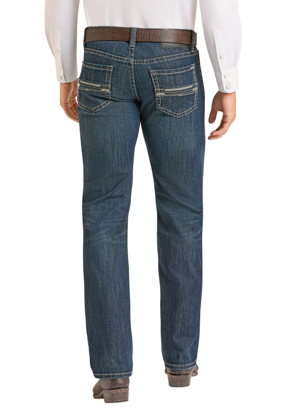 Man wearing a white shirt, blue jeans, and a beige cowboy hat on a white background
