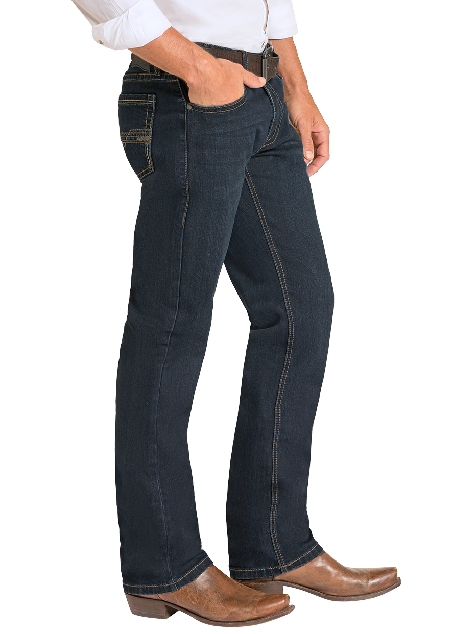 Man wearing a white shirt, dark jeans, and cowboy boots on a white background