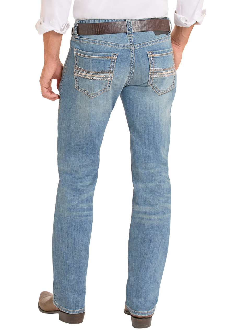 Man wearing a white shirt, blue jeans, and cowboy boots on a white background