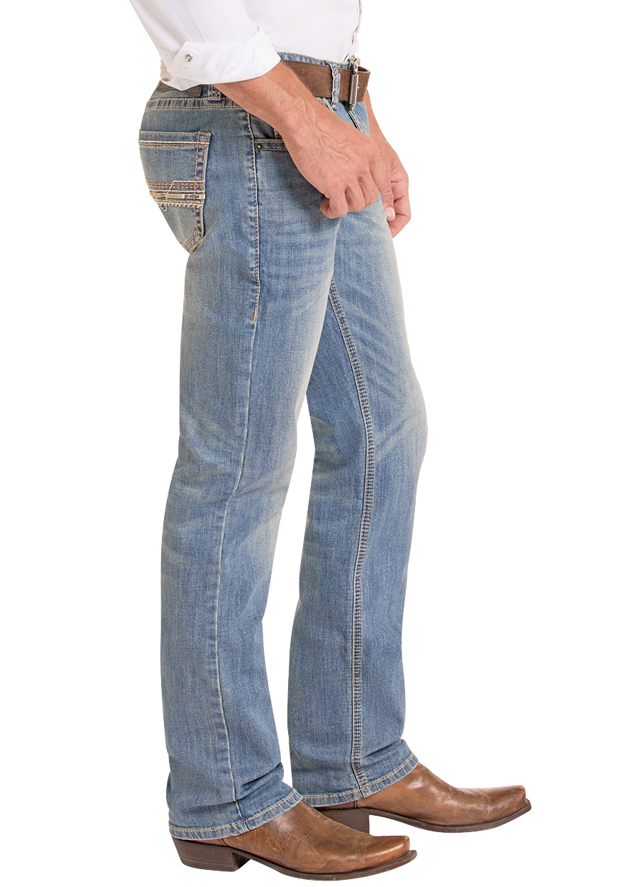 Man wearing a white shirt, blue jeans, and cowboy boots on a white background