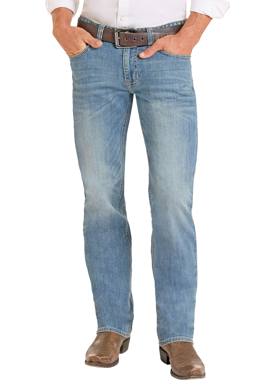 Man wearing a white shirt, blue jeans, and cowboy boots on a white background